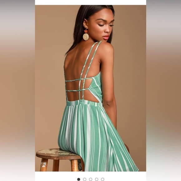 Lulu’s Oceanside Adventure Striped Backless Skater Dress Green - Picture 3 of 11